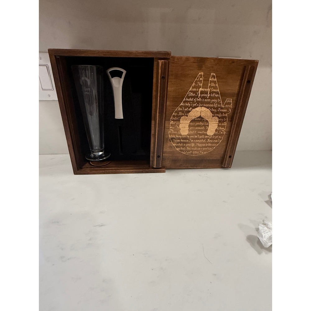 Star Wars Legacy Pilsner Glass Set Wood Box Princess Leia Han Solo I Love You